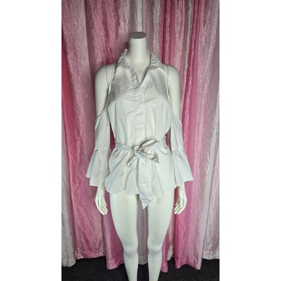 Boston Proper White Crisp Cold Shoulder Flare Sleeve Cotton Blouse Size 12 - Picture 2 of 12